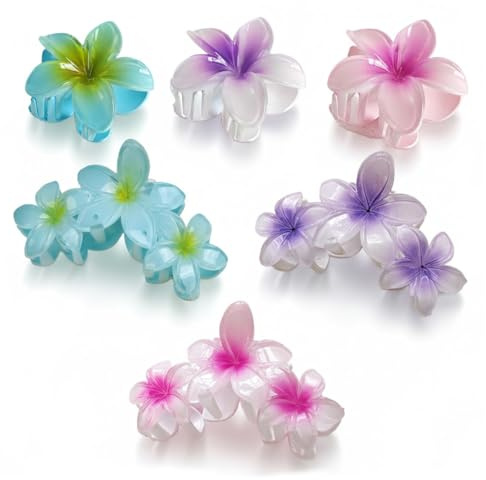 AEUXZA Lot de 6 Pinces à Cheveux Fleur Frangipanier, Barrette à Cheveux pour Cheveux Épais, 3x Simple et 3x Triple Pince, Accessoire Vacances Plage et Fête, Multicolore.