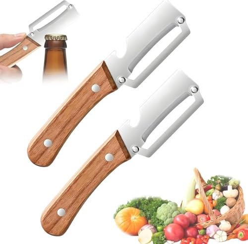 2 en 1 Pelador de verduras multifuncional, botella de acero inoxidable ultra afilada, mango ergonómico antideslizante de madera, pelador de frutas y potates versátiles, para (2)