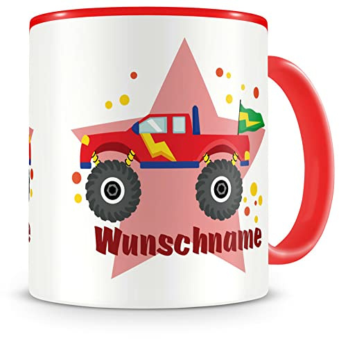 Samunshi® Kindertasse mit Namen Tasse Monstertruck Personalisierte Tasse mit Namen Kinder Kinderbecher Text personalisiert Kindergarten rot 300ml