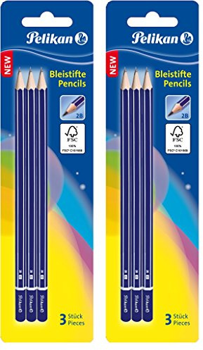 Pelikan 2 Packungen Bleistift, Härtegrad 2B mit Radierer, Blister und 3 Stück