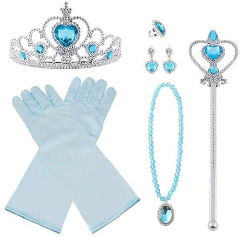 Vicloon Prinzessin Kostüme Eisprinzessin Set of 9, ELSA Handschuhe, Pfirsichherz Krone, Zauberstab, Halskette, Ring, Ohrring