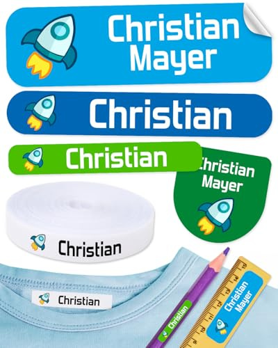 Personalisierte Namensetiketten zum Aufbügeln für Kleidung & Gegenstände | 100 Bügeletiketten und 55 wasserfeste Klebeetiketten. Ideal für Schule, Kita und Kindergarten.