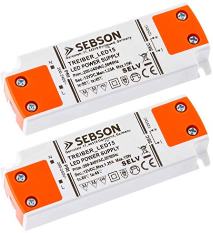 SEBSON® 2 x LED-Transformator, 220 V, 12 V, 15 W, LED-Treiber, extra flach, 102 x 35 x 16 mm – konstante Spannung für G4 MR11 MR16 LED-Lampen