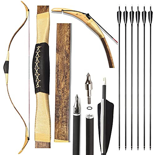 SHARROW Traditioneller Bogen Set 20-45lbs Recurve Bogen Set Reiterbogen Langbogen Bogenschießen Set Handgemacht Holzbogen Sportbogen Jagdbogen für Erwachsene und Anfänger (Typ 3, 35Lbs)