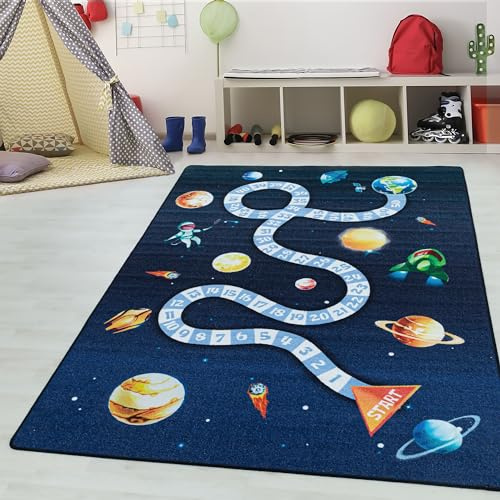 Kinderteppiche für Kinder Lernenmatte Zahlen mit Weltraum Design Spielteppich Waschbar Jungen & Mädchen Teppich für Kinderzimmer Babyzimmer Spielzimmer Teppich Farbe: Marineblau, Grösse: 120 x 170 cm