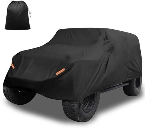 X AUTOHAUX Car Cover for Jeep Wrangler JK JL YJ TJ 4 Door 2007-2021, Black | Outdoor Waterproof Sun Rain Dust Wind Snow Protection w/Driver Door Zipper