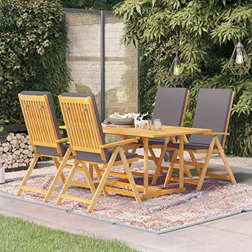 Gecheer 5-TLG. Garten-Essgruppe mit Grauen Kissen Holz-Garten-Essgruppe Gartenset Balkonmöbel Set Gartenmöbel Set Holz Sitzgruppe Balkongarnitur Klappstuhl Massivholz Teak