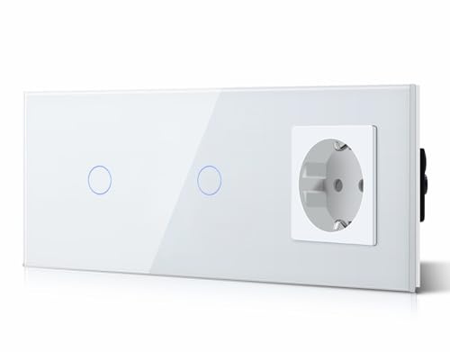 BSEED Touch Lichtschalter mit Stekdose aus Glas, Modern Schlater und Wandsteckdosen, KEIN WLAN, 1 Fach 2 Wege+1 Fach 2 Wege+Steckdose, 228mm Weiß