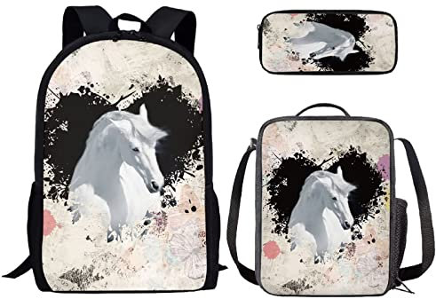 Binienty Kids Fashion Print Rucksack für Mädchen Schule Büchertasche für elementare 3 in 1 Schulranzen Sets mit Lunch Tote Bleistifttasche, Pferde-Druck 3, Einheitsgröße