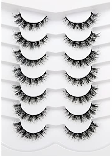 Pooplunch False Eyelashes Cat Eye Lashes Natural Cluster Extension Look Wispy Short Volume 8D Faux Mink Lashes Fake Eyelashes Strips 7 Pairs Pack
