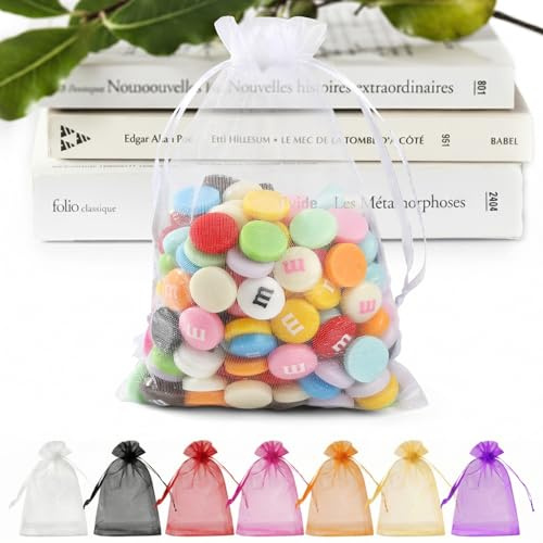ANZNKU 50 Pack Organza Bags 5 x 7 in White Small Mesh Gift Bags Bulk Drawstring for Wedding Party Favors, Little Goodie Bag for Candy Jewelry Soap Makeup, Treat Sachet Pouch for Mothers Gifts Wrap