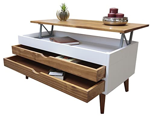 LoMasCasa Couchtisch für Wohnzimmer, höhenverstellbar, Modell Luzia 5, mit zwei ausziehbaren Schubladen in Weiß und Holz, Walnuss, Maße 100 x 50 x 47 cm