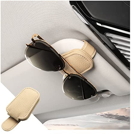 CGEAMDY Brillenhalter für Auto Sonnenblende, Universelles Auto Visier Leder Sonnenbrillen Halter, Magnetische Brillen Halterung, Gläser Aufhänger und Ticket Karten Clip, Auto Zubehör (Beige)