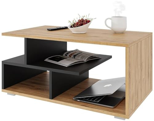 Meble Pitus Couchtisch Holz – Moderner Wohnzimmertisch mit Stauraum 90 x 50 x 49 cm – Couchtisch in Eiche Optik mit zusätzlichem Ablagefach – Stabiler Beistelltisch für Wohnzimmer