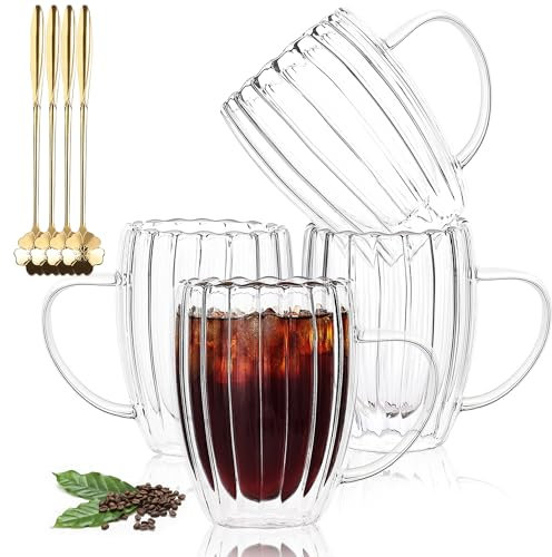 JNSMFC Doppelwandige Kaffeebecher aus Glas,4pcs,350ML,Vertikale Streifen Kaffeetassen,Ästhetische Teebecher,Klare isolierte Glasbecher für heiße oder kalte Getränke,Origami Stil Glas Kaffeebecher