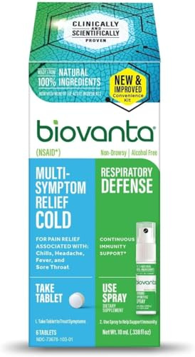 Biovanta Cold and Flu Relief Kit Plus Immune Support, Soothing Throat Spray, 10mL, 6 Plant-Based Aspirin Tablets, Multi-Symptom Sore Throat Relief