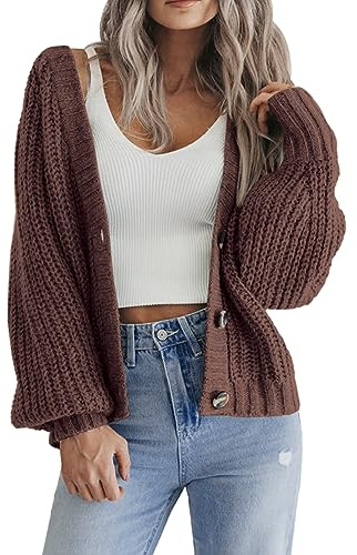 Hotouch Strickjacke Damen Kurz Cardigan V-Ausschnitt Knopfleiste Bolero | Open Front Sweater | Elegant Casual Schulterjacke Top | Langarm Strick Cardigan | S-XXL