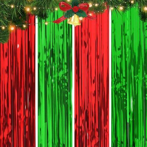 4 PCS Christmas Tinsel Foil Fringe Curtains Red Green Fringe Curtains Streamers Backdrop for Christmas Party Photo Backdrops Props Theme Decorations 3.2ft x 6.5ft
