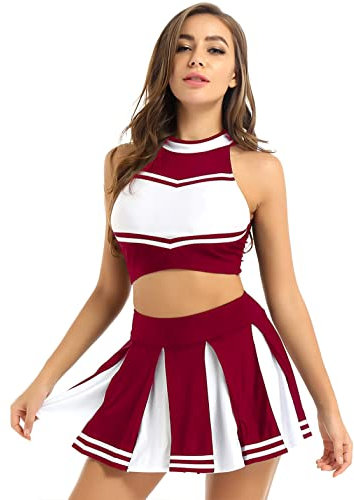 Jugaoge Damen Cheerleading Uniform Gestreift Crop Top und Faltenrock Sport Zweiteiler Tanz Kleidung Set Halloween Party Outfits Weinrot M