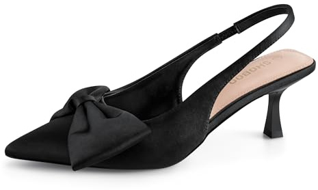 SHOBOO Women's Bow Slingback Heels Pointed Toe Kitten Pumps Dress Shoes with Elastic Strap - 2.4'' Inches Height Black