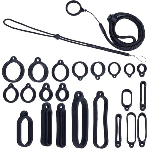 CRASPIRE 23Pcs 11 Size Anti-Lost Lanyard Set Adjustable Fixing Rings | with 22Pcs Silicone Rings 1pc Lanyard Strap Pendant Necklace Soft Protective Replacement Case Multipurpose for Keychain