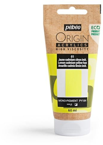 Pebeo - Origin Acrylics 60 ml - Peinture Acrylique Éco-Conçue - Haute Viscosité - Finition Mate - Liant 100% Recyclé - 96% de Matières Premières d’Origine Européenne - Jaune Cadmium Citron Imitation