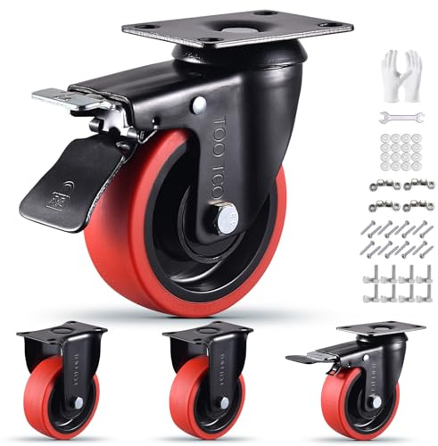 Heavy Duty 4 Inch Caster Wheels Set of 4 2200Lbs Capacity Silent Swivel with brake & Rigid TPR Rubber Wheels Locking Industrial Plate Casters for Cart Furniture Workbench 2 Fixed & 2 Swivel with Brake