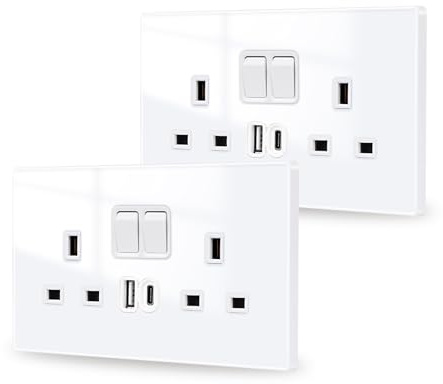 JIMEIDA 2 Pack White Double Switched Power Socket with USB A and Type C Charging Ports 13 Amp Crystal Glass Panel Wall Outlet Electric Socket