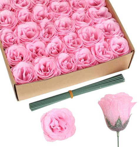 Rzoukler Glitzer-Rosenstrauß, 30 Stück, rosa Rosen, künstliche funkelnde Rosen für Hochzeit, Blumenstrauß, Party, Weihnachten, Heimdekoration (Hellrosa)
