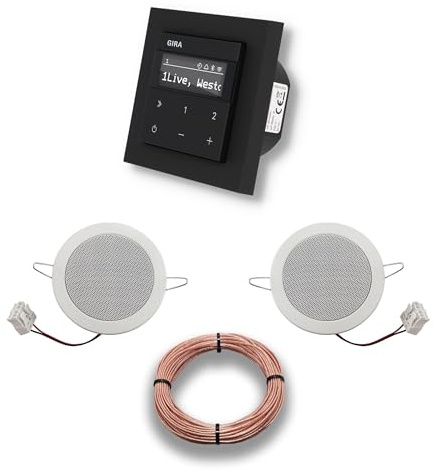 Gira Unterputz IP Internetradio 232003 + Bluetooth Komplett-Set, E2 schwarz matt + 2 x Deckenlautsprecher/Einbaulautsprecher + 20 Meter Lautsprecherkabel 2x0,75 mm