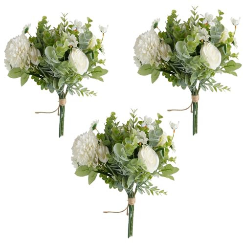 Meldel Künstlicher Eukalyptus und weiße Rose Pfingstrose Blumenstrauß, 3er Set, Gefälschte Seide Weiße Rosen Brautstrauß Blumen Arrangement Eukalyptus Pflanze Dekorationen für Zuhause und Hochzeit