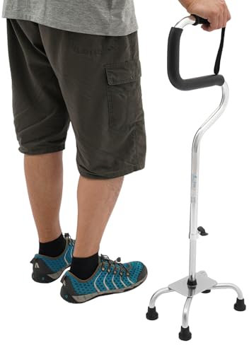 Canne de marche à quatre pieds avec aide au levage, aide à la marche pour personnes âgées, poignée ergonomique pour droitiers ou gauchers, hommes, femmes et personnes âgées, argent, taille XL