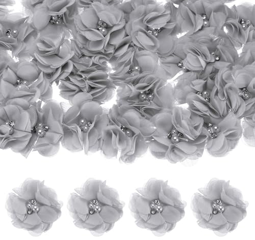 M METERXITY 15-Pack Chiffon Flowers 2.17'' x 2.17'' Rhinestone, Gray