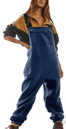 Women'S Fleece Dungarees Loose Fit Adjustable Straps Solid Overalls With Pockets Thermal Long Jumpsuit Playsuit Trousers Winter Comfy Dungarees Women Bib Overalls For Women Oversized Dungarees