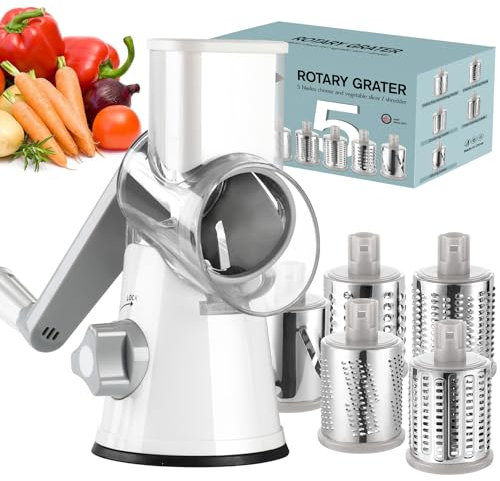 Ourokhome Rallador giratorio de queso, manivela, triturador de cocina, mandolina, cortador de hielo con mango y cuchillas de tambor para queso, verduras, nueces, chocolate, patata, zanahoria, 5