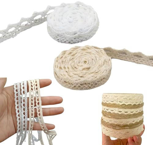 2 Rollen Spitzenband Weiß & Beige - 10 Meter pro Rolle - 1,1 cm Breite - Dekoband für Hochzeiten, Nähen, Geschenke (2 Farben, Vintage Baumwolle)