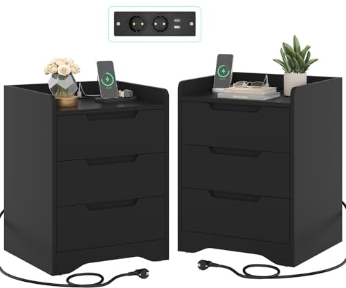 Brinlawb Nachttisch 2er Set mit Ladestation (2 AC-Steckdosen 2 USB-Anschlüsse) Nachtschrank 2er Set mit 3 Schubladen, Beistelltisch für Wohnzimmer Schlafzimmer Arbeitszimmer, Einfache Montage, Schwarz