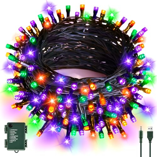 cshare Guirnalda de luces para Halloween, 6 m, 60 unidades, color naranja-morado-verde, USB/batería con temporizador, resistente al agua, para exterior, interior, otoño, decoración de Halloween