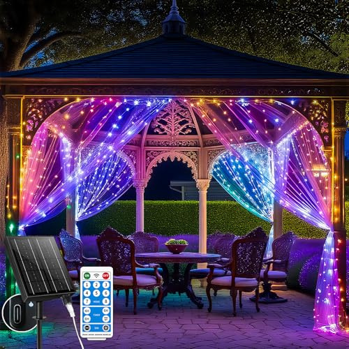 Holwim Solar Lichterketten Vorhang, lichtervorhang 3x3m 300LED - IP65 Wasserdicht lichterkette vorhang für Innen & Außen, 8 Modi mit Fernbedienung, für Festliche Party Weihnachten (Solar-Mehrfarbig)