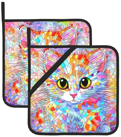 Presine quadrate in vetro colorato con stampa di gatti, resistenti al calore (set di due), 20,3 x 20,3 cm, tessuti di qualità, antiscottatura e facili da pulire