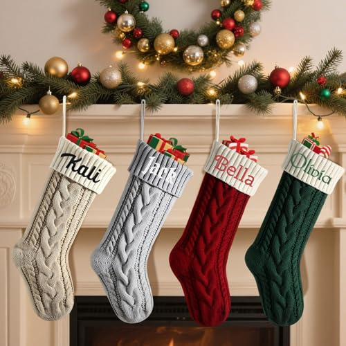 Weihnachtsstrumpf mit bestickten Namen, personalisierbarer Namen, bestickter Weihnachtsstrumpf für Urlaub, Party, Dekoration (4 Stück)