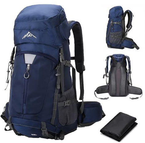 Mingfuxin Hiking Backpack Waterproof 60L, Lightweight Camping Backpack Sport Travel Rucksack Daypack with Rain Cover for Women Men Climbing Trekking Walking Travelling Backpacking Bag Outdoor