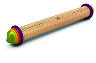Joseph Joseph - Rodillo de Madera, Rodillo de amasar con anillos Ajustables, Diferentes Grosores, para todas masas, Pizza, Galletas, Estable y Duradero - Multicolor