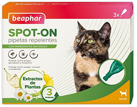 Beaphar Pipetas repelentes Naturales para Gatos - 3 Meses de protección Natural contra garrapatas, pulgas y Mosquitos - para Todo Tipo de Gatos - 3 pipetas de 1ml, El embalaje puede variar