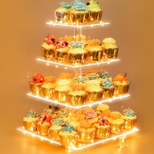 weddingwish 4 Tiers Acrylic LED String Lights Cupcake Stands Tower Tree-Cupcake Carrier-Clear Tiered Cake Stand- Dessert Stands-Cupcake Display Stand