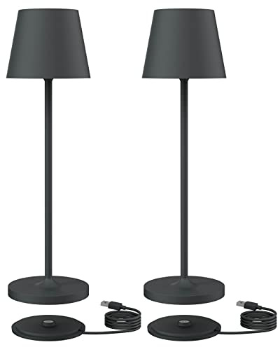 Klighten 2 Pezzi Lampada LED Dimmerabile da Tavolo, Ricaricabile Luce calda 3000K Lampada da Scrivania in Alluminio, H38cm, Antracite, IP54, con Base di Ricarica Contatt, per Interni/Esterni