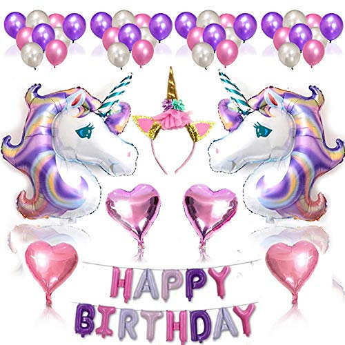 Petsoigné 56Pcs Einhorn Luftballons Geburtstag Set Einhorn Party Deko mit Einhorn Stirnband (Lila)