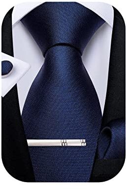 DiBanGu Mens Silk Necktie Solid Color Tie and Pocket Square Cufflink Tie Clip Set Woven Plain Ties for Men Wedding Party, Navy Blue