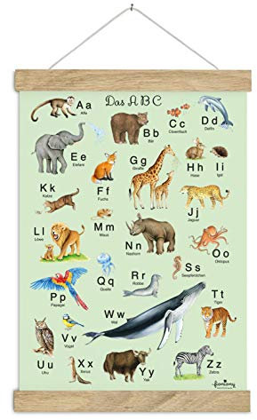 fioniony DIN A3 ABC Alphabet Poster Kunstdruck UNGERAHMT, OHNE HOLZLEISTE Tiere grün Tierposter Alphabet Lernposter Schulanfang 1. Klasse Kinderzimmer Weihnachten Zoo Wald Safari Afrika Kindergarten