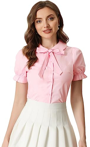 Allegra K Women's Vintage Peter Pan Collar Tie Neck Casual Cute Cotton Button-Up Shirt X-Small Pink